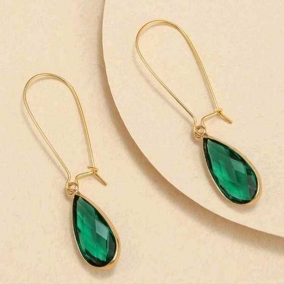 Gold dangle green glass earrings dainty boho drop hoop statement cute 💖2/$30 - Picture 4 of 10